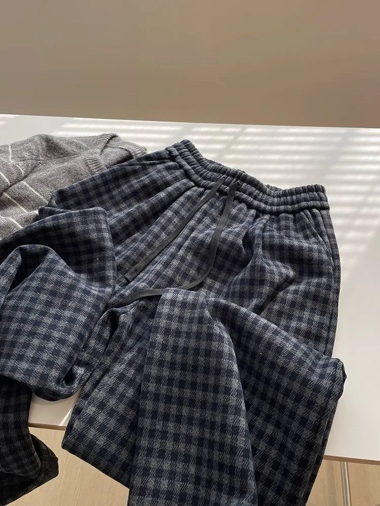 레트로 하이웨이스트 스트레이트 레그 캐주얼 팬츠 여성용 루즈핏 따뜻한 체크 팬츠 안티에이징 트렌디 겨울 패션