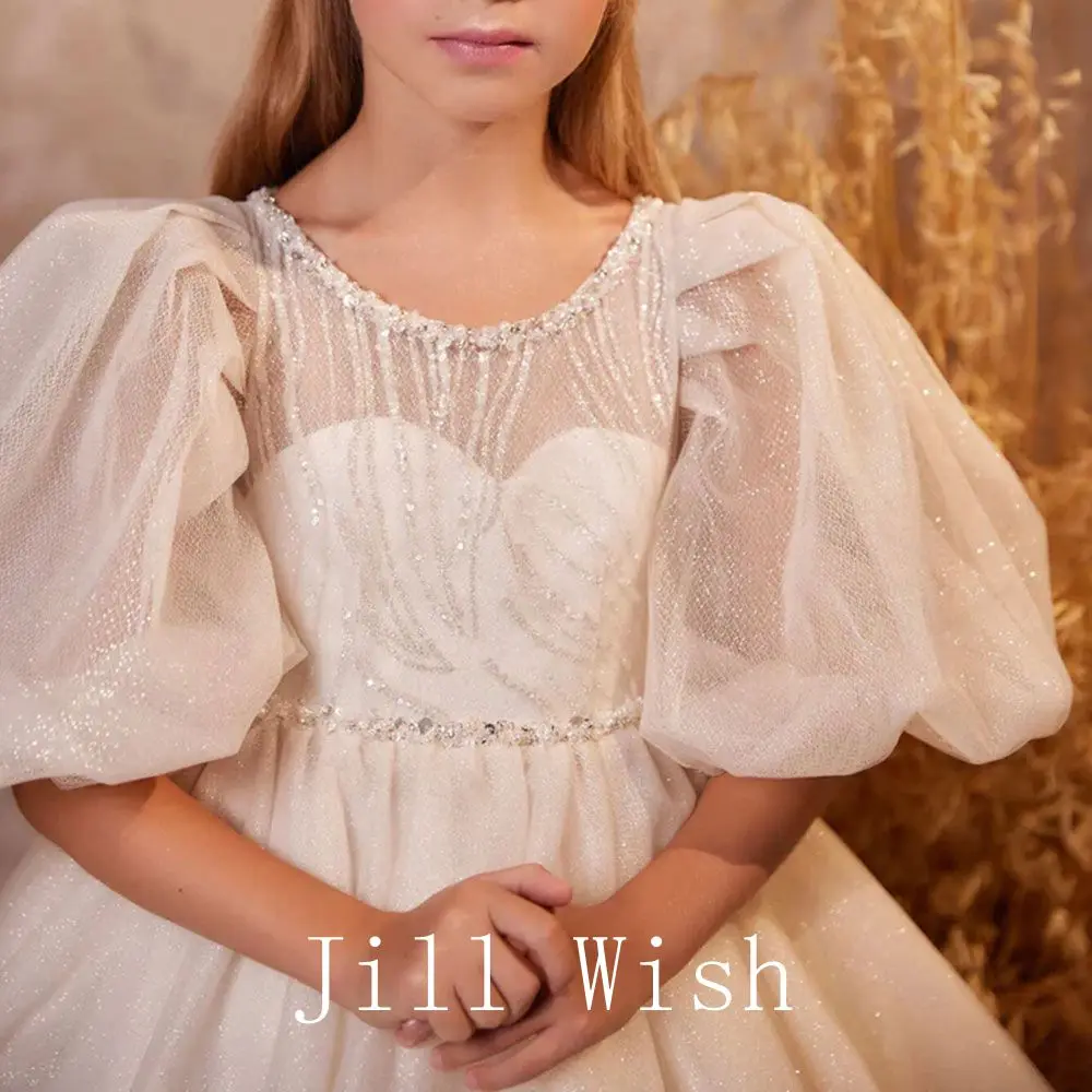 Jill Wish Luxury White Girl Dress Beading Puff Sleeve Princess Kids Wedding Birthday First Communion Party Prom Gown 2024 J287