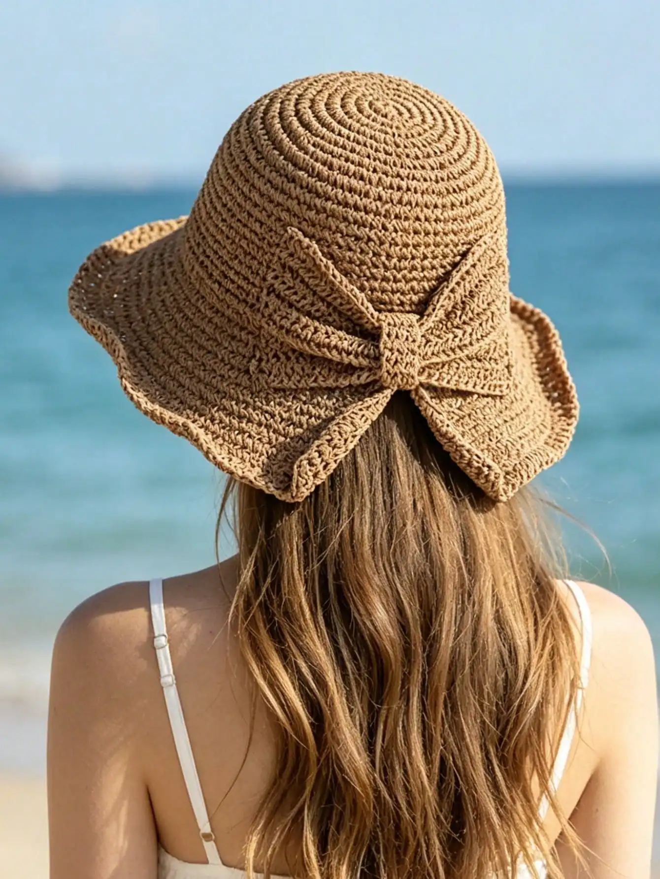 1pc Bow Handmade Crochet Straw Bucket Hat For Women, Summer Wide Brim Sun Protection Beach Hat, Foldable Vacation Sun Hat