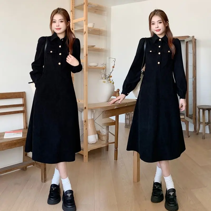 

Элегантное черное платье А-силуэта с длинными рукавами и запахом на талии в стиле Хепберн для полных женщин, осенне-весеннее, во французском стиле