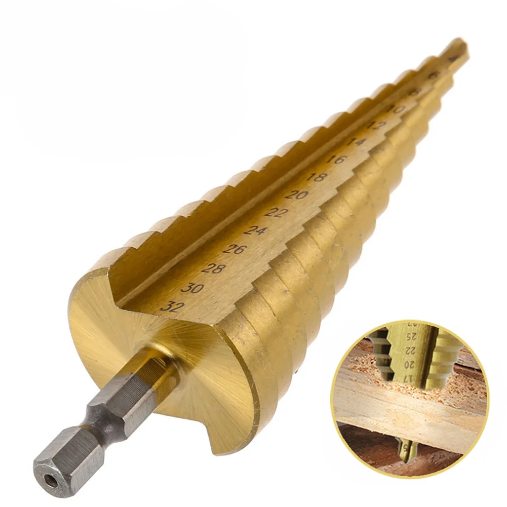 4-32mm Titanium Coated Metal Hex Core Drill Bits HSS High Speed Steel Step Drill Bit Cone Hole Wood PVC Cutter Taper Metric