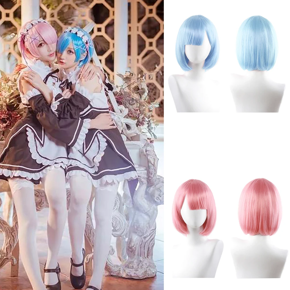 

Anime Ram Rem Cosplay Synthetic Hair 12-Inch Short Straight Hair With Bangs Halloween Christmas Daily Party Wig Heat-Resistant