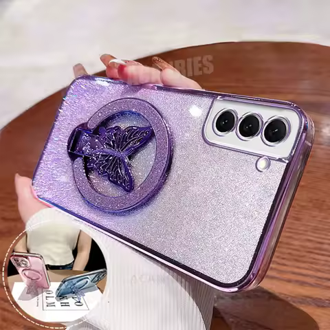 S 21 22 23 24 Plating Butterfly Holder Silicone Case For Samsung Galaxy S21 S20 S22 S23 S24 Fe Plus Ultra Back Cover Note 10 20