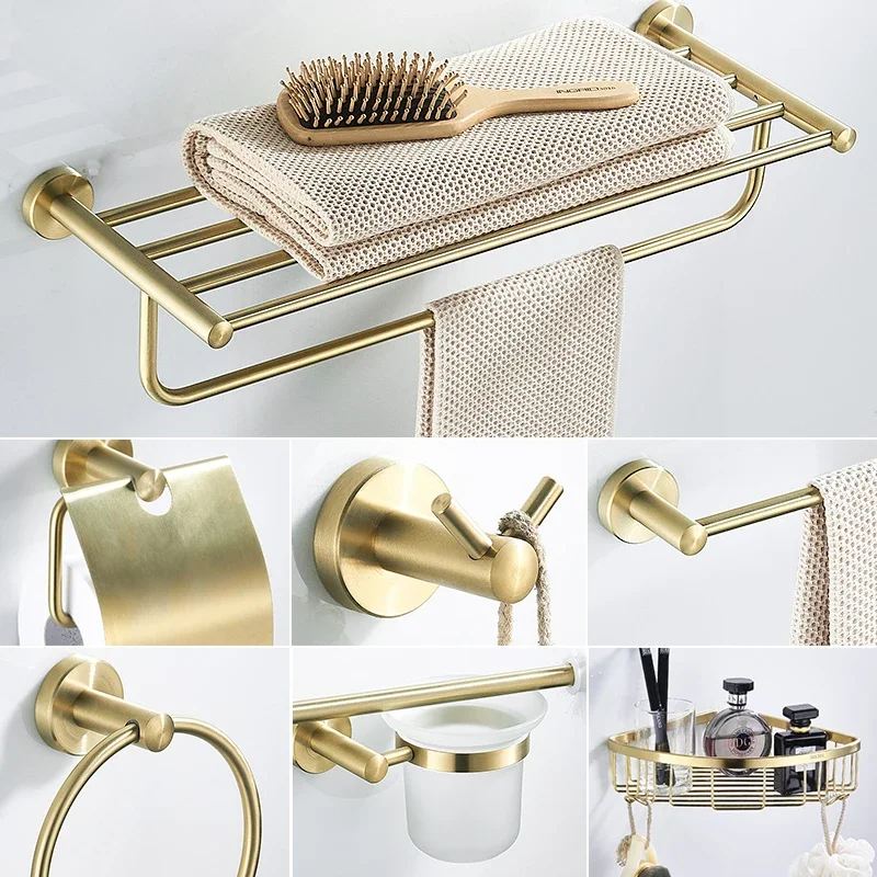 Golden Towel Rack Combo Bath Washcloth Set Bathroom Fixture Drill-Free 304 Stainless Steel Elegant Storage Solution