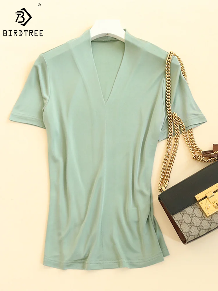 

BirdTree, Silk Blend Knitted T-Shirt, V-Neck Short Sleeve Solid, Women Elegant Skin Care Basic Tee, 2025 Spring Summer, T43374QM