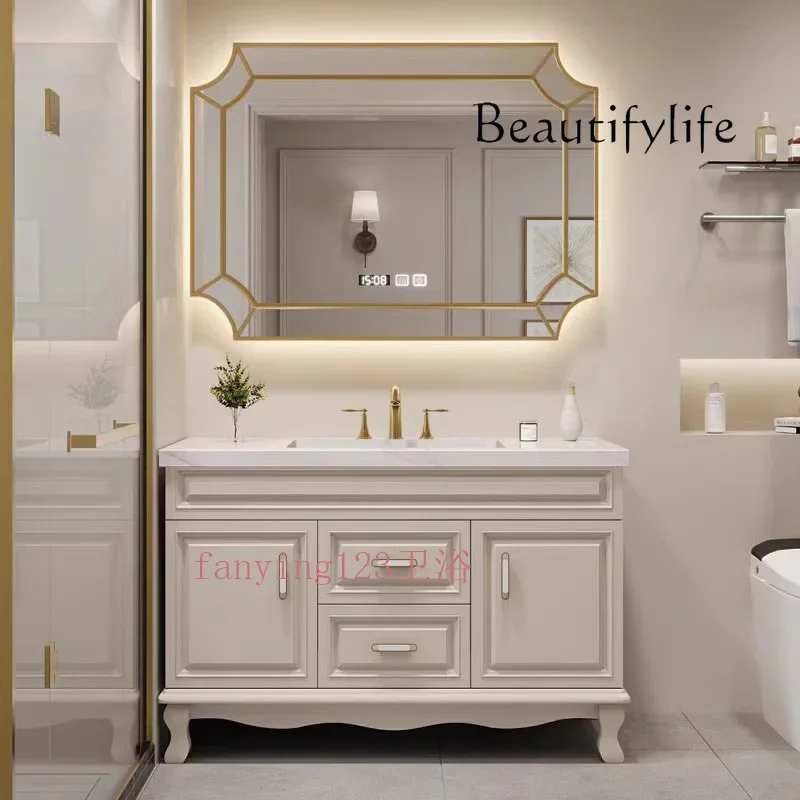 ตู้ห้องน้ำอเมริกัน BJ รุ่น Oak แบบสองอ่างล้างหน้า สีครีม พร้อมอ่างล้างมือแบบวางพื้น