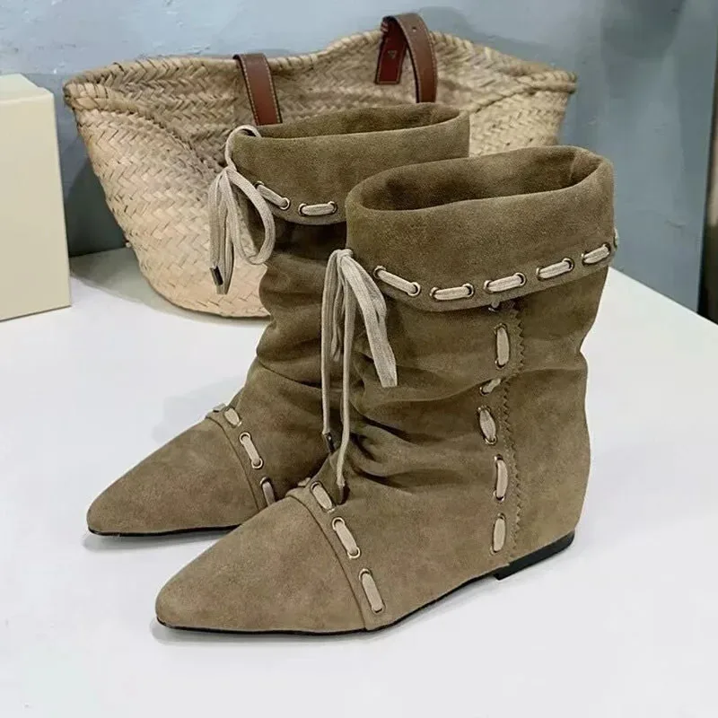 

Сапоги до середины икры с острым носком, женские замшевые короткие сапоги с перекрестной завязкой на плоской подошве, женские зимние ковбойские сапоги в стиле вестерн, мода Mujer