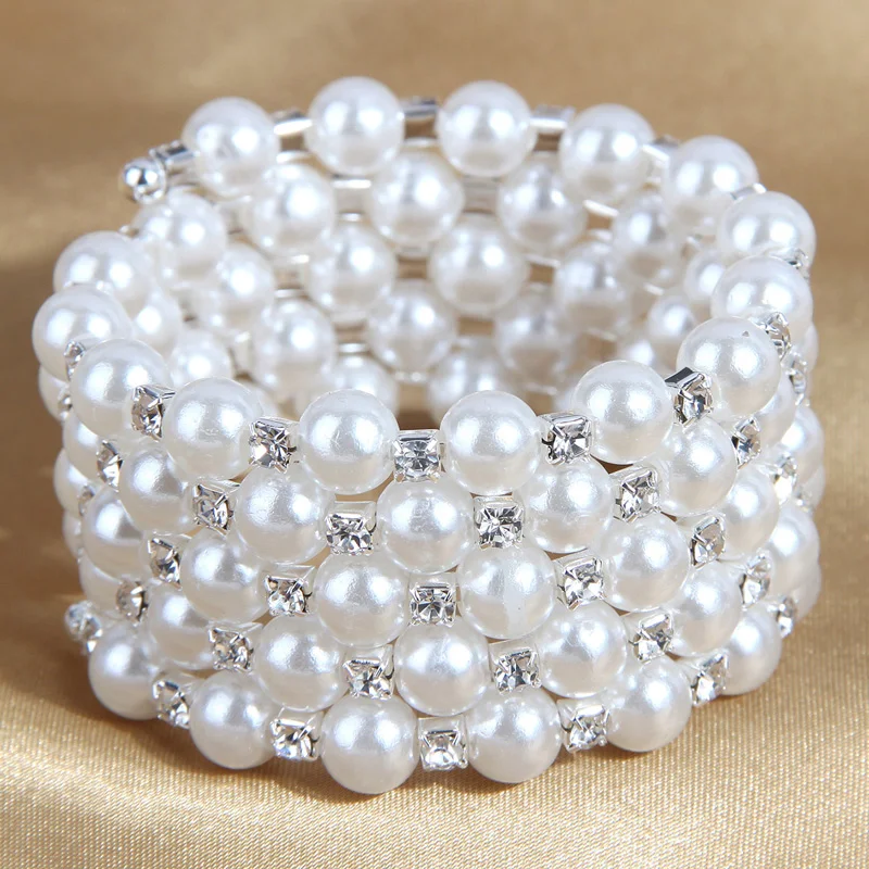 Multi Layers Handmade Elastic Crystal Pearl Bracelets Wide Pearl Bracelet For Women Wedding Jewelry Gift