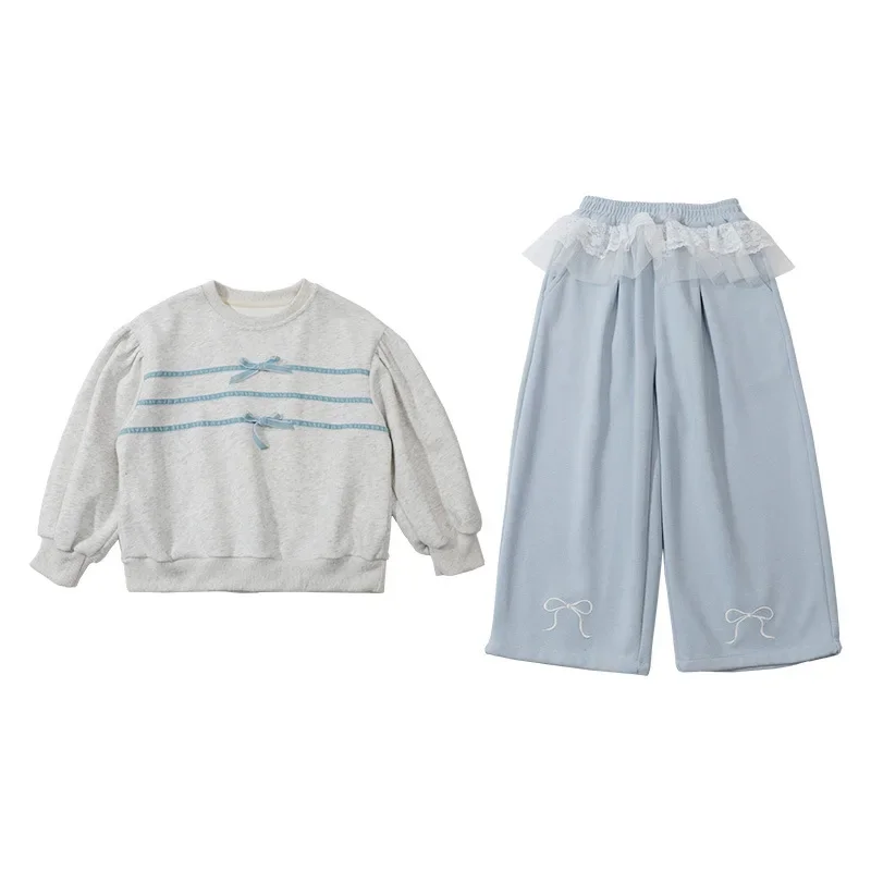 

Новый модный комплект из двух предметов: кружевная толстовка и брюки для девочек, повседневный костюм для детей, весна-осень 2026