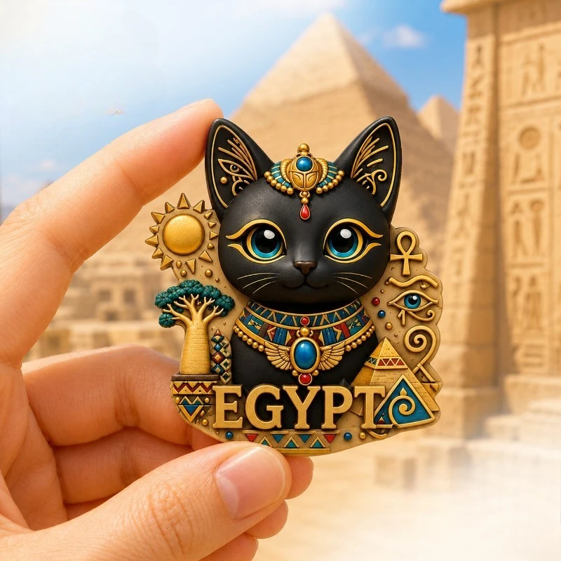 Egypt Black Gold Sacred Cat Fridge Magnet - Regal 3D Ancient Souvenir Unique Egyptian Heritage Gift for Travel & Mystical Decor