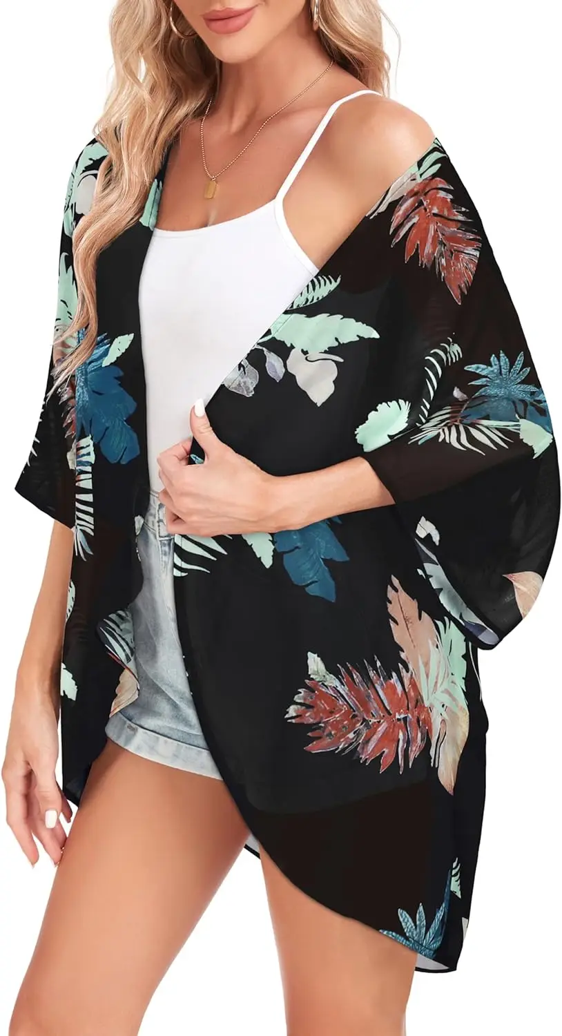 Women\'s Summer Long Section Flowing Kimono Cardigan Elegant Temperament Chiffon Floral Beach Cover-up Micro Bikini Women\'s