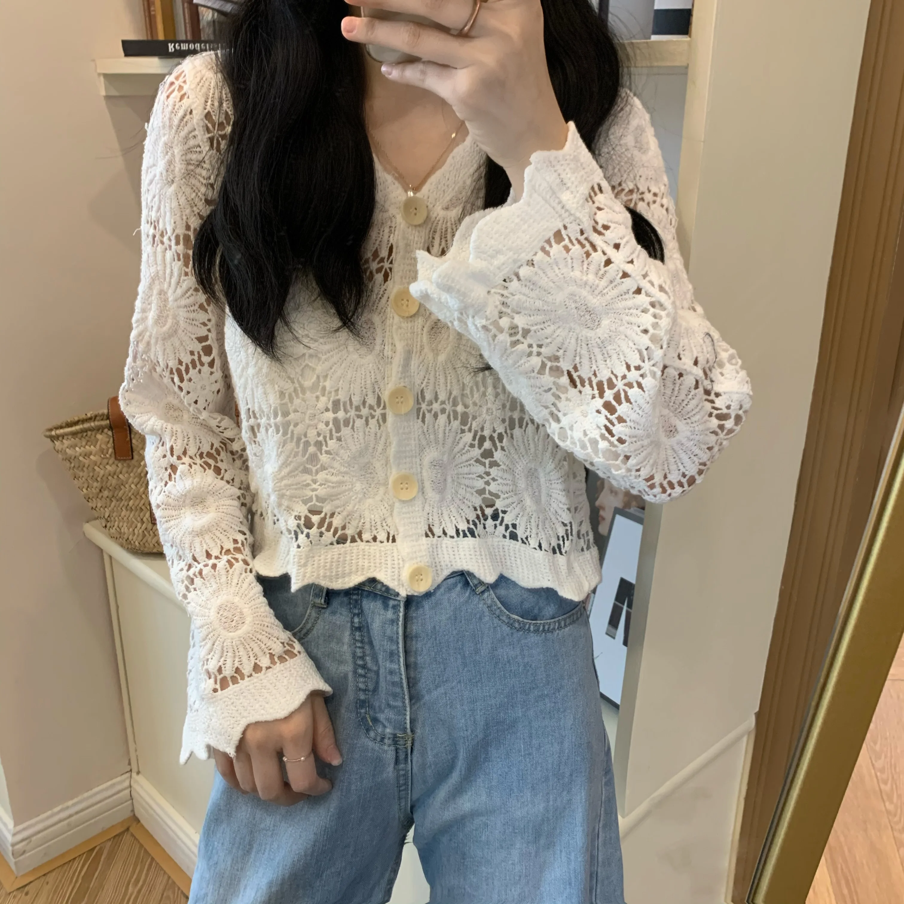 Sheer Crochet Top Cover Up Button Front V-Neck Long Sleeve Open-knit Embroidery Blouse Women Summer Boho Vacation Outfit