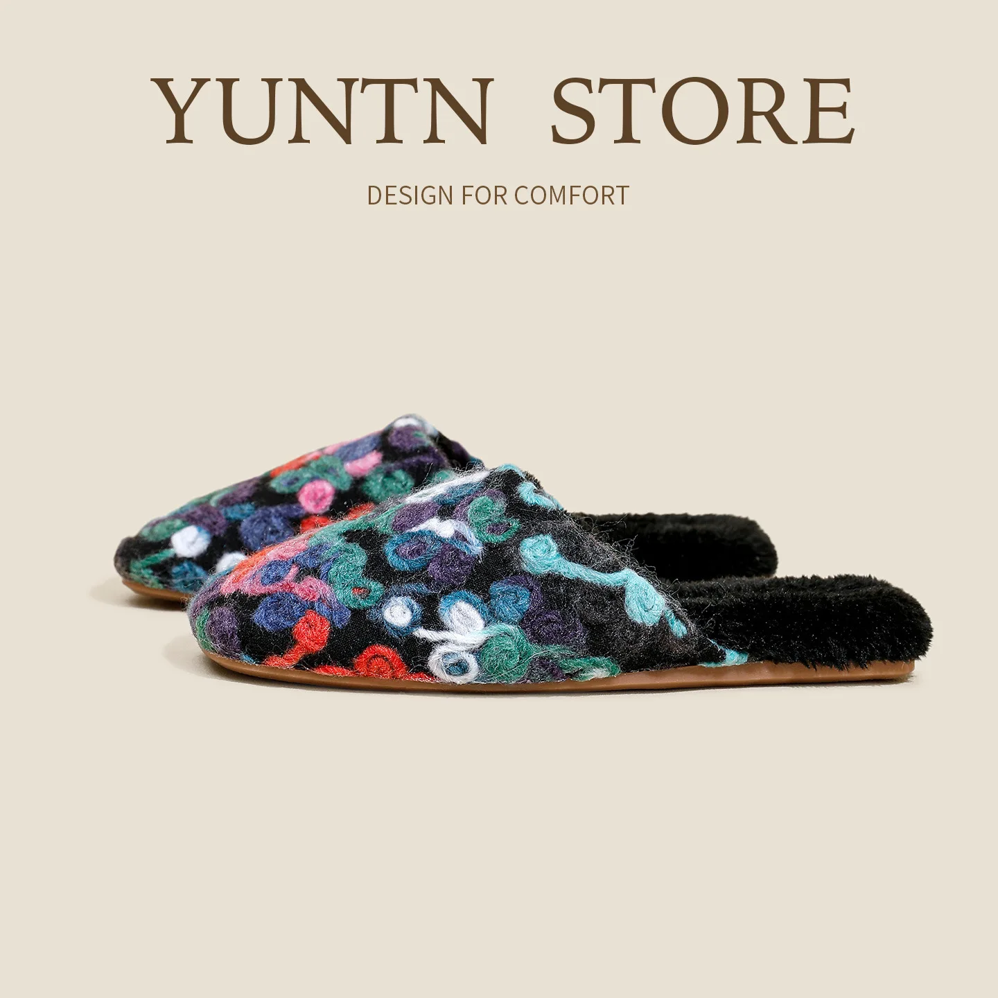 

Женские текстурированные тапочки на плюшевой подкладке с художественным цветочным узором — шерстяная замша для комфорта в помещении осень/зима