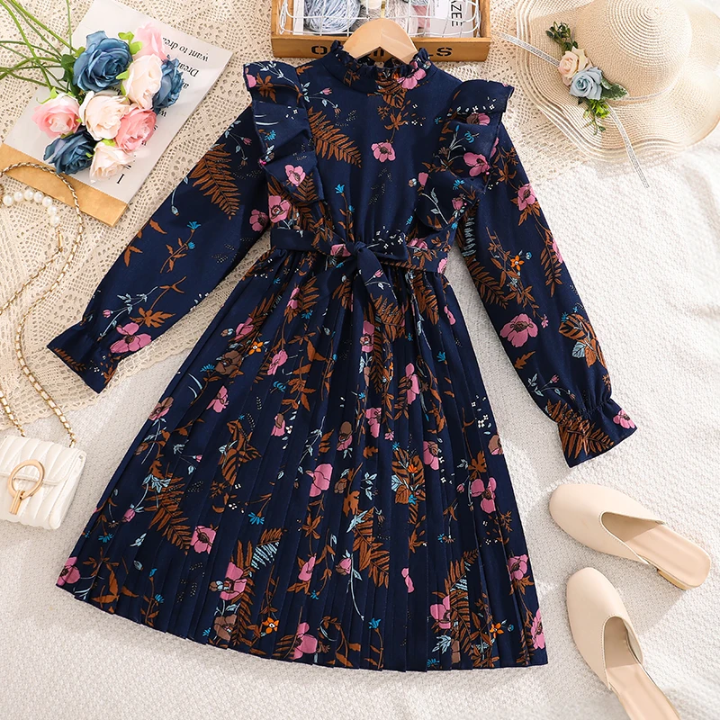 

Повседневное платье для девочек 8-12 лет, темно-синее, с цветочным принтом, с рюшами на рукавах, высоким воротником, поясом на талии и плиссированной юбкой, повседневный детский наряд