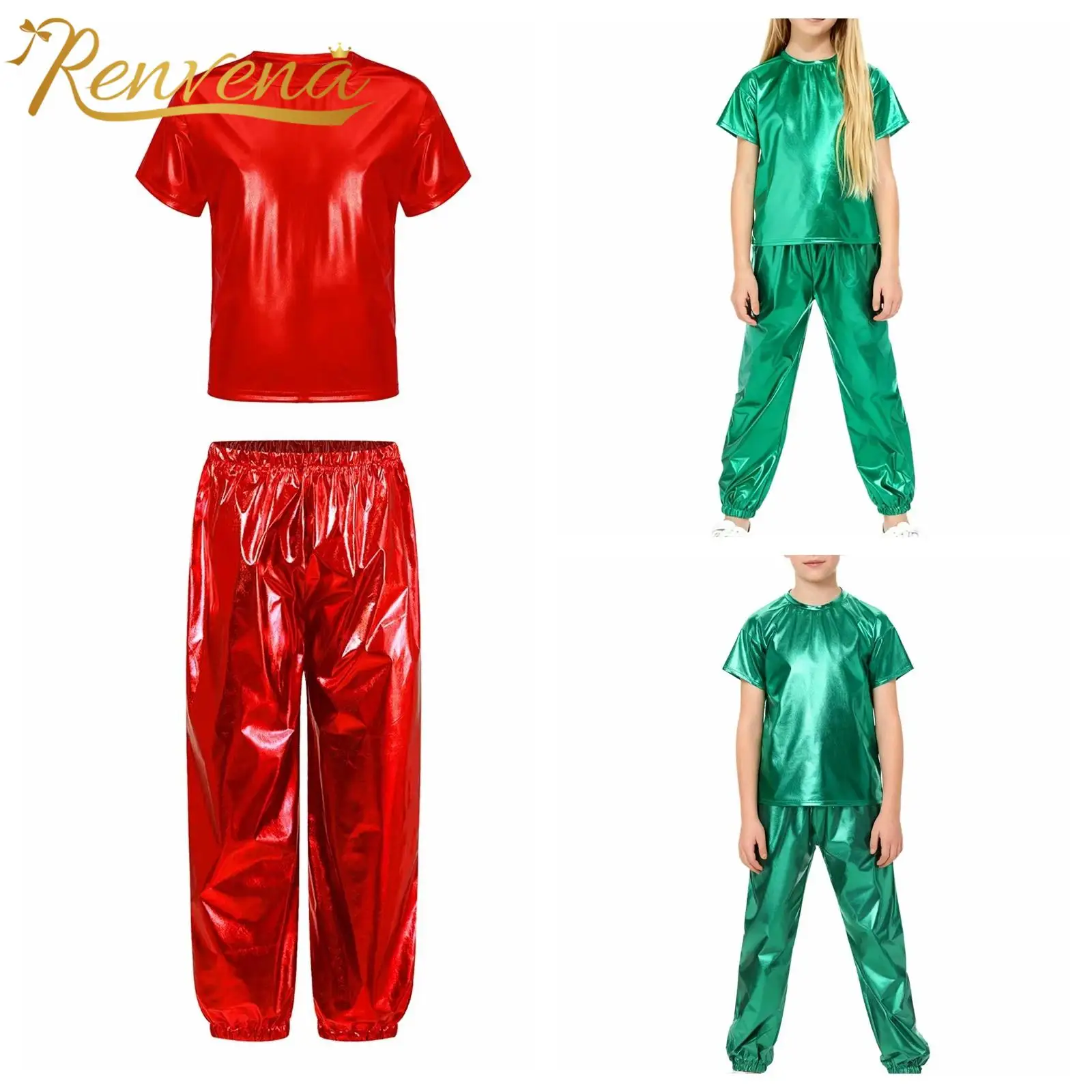 Girls Boys Disco Jazz Dance Outfit Children Shiny PartySequins Dancewear Hippie Teens Metallic Jazz Modern Performance Costumes