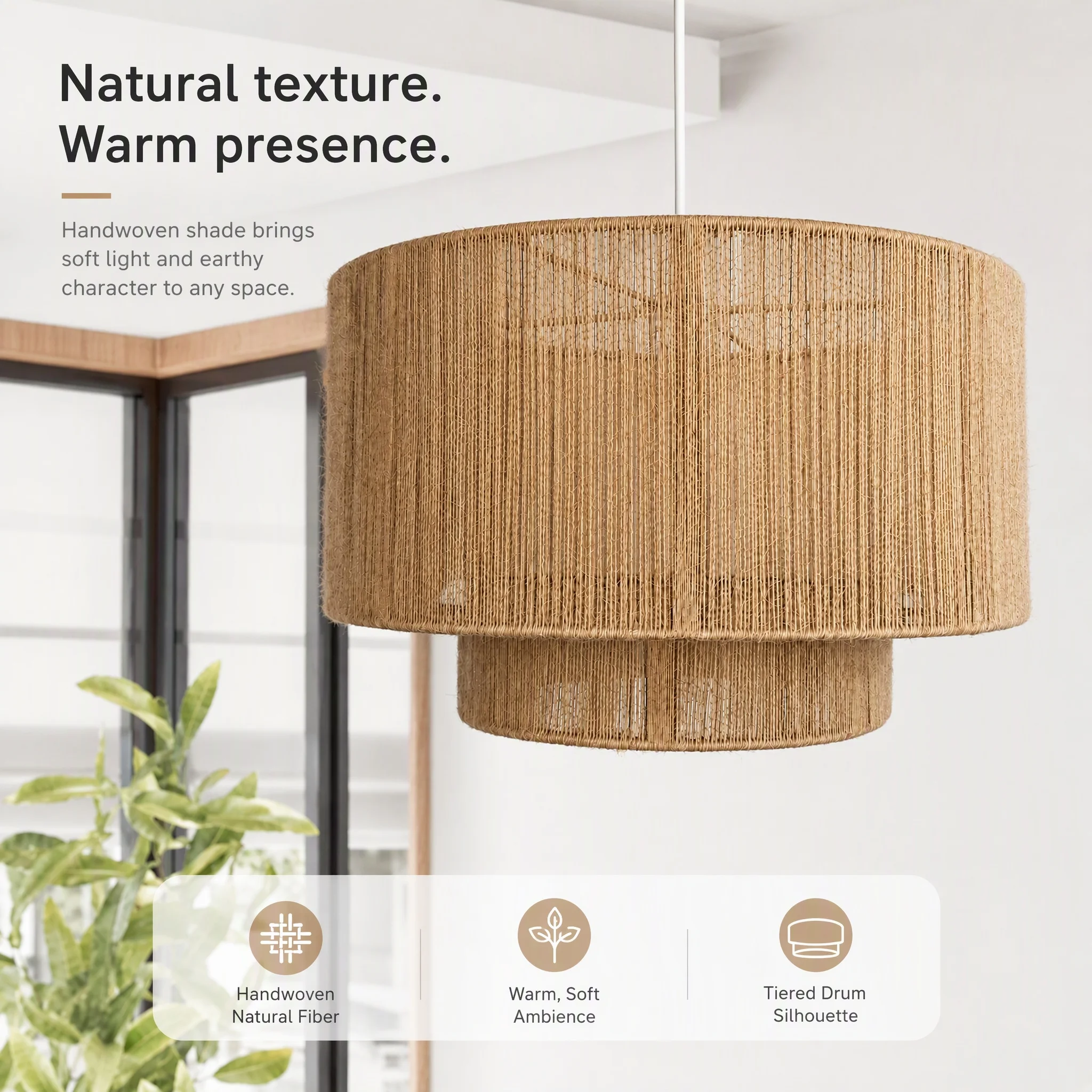 JOYINLED Rattan Chandelier Boho Jute Rope Pendant Light Hand Woven Drum Shade Hand Woven Natural Jute, Double Layer Drum Design