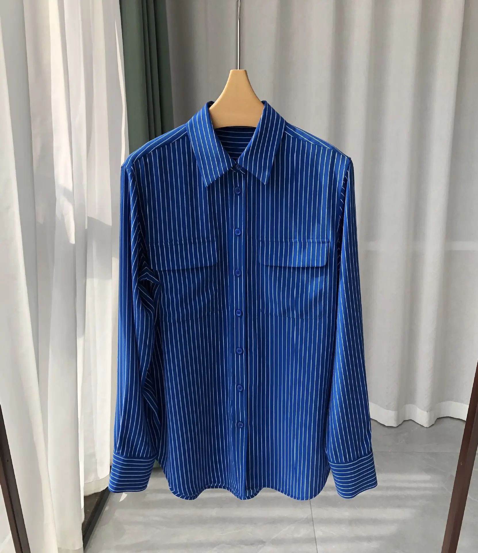 

Blue Stripes Sand Washed 100% Silk Shirt Long Sleeve Women Autumn Shirts & Blouses Button Down Blouse Ladies Work Office Top