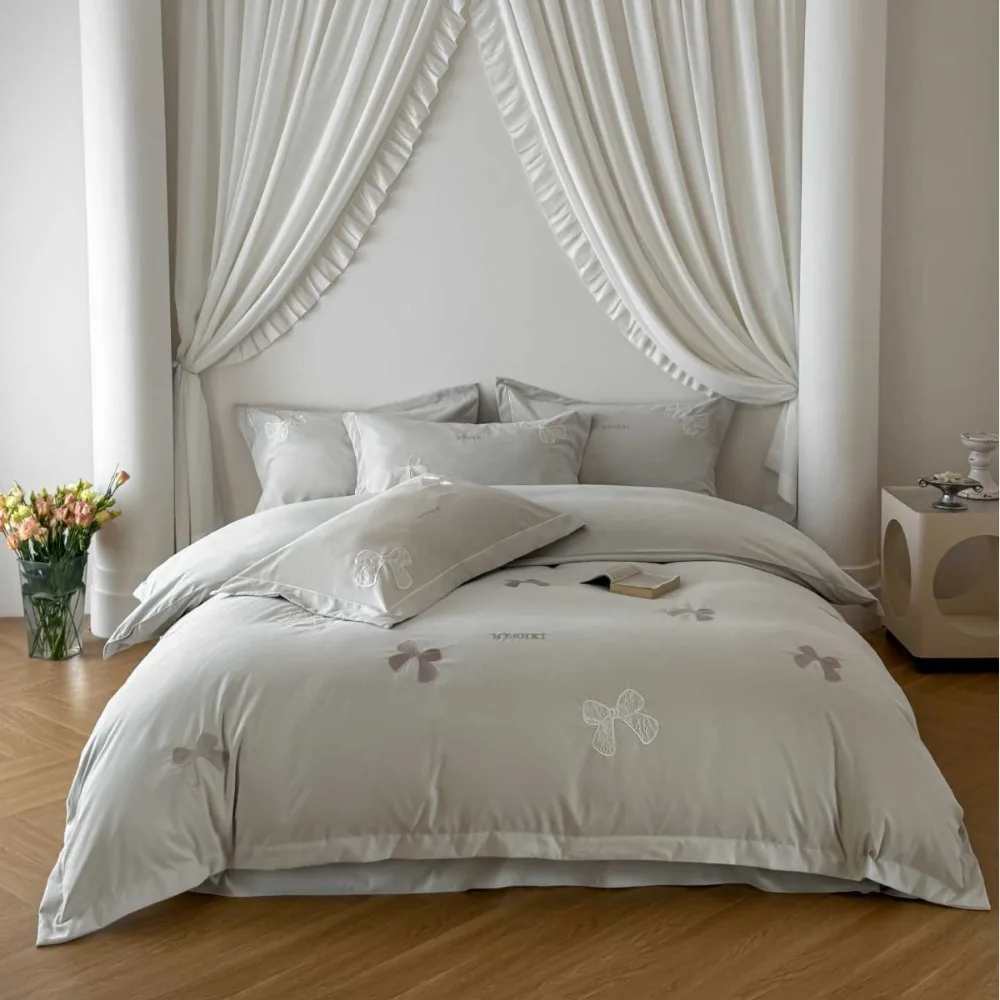 Luxury Embroidered 4 Piece Bedding Set Sheet Type Washed Fabric Four Season Home Use Light Premium Bedding