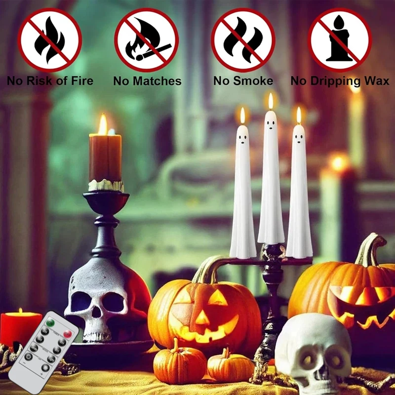 Ghost Shaped Ghost Taper Candles with Remote and Timer Flameless Taper Candles White Spooky Candles for Wedding Party Home Decor