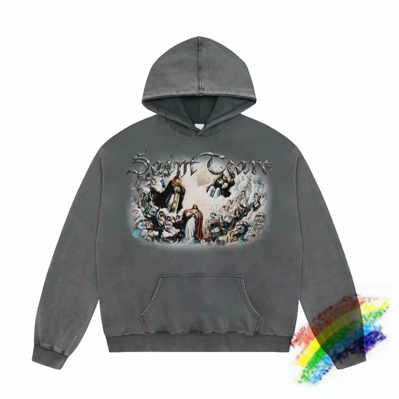 Washed Saint Tears Hoodie Men Women High Quality Cotton Oversized Pullovers Hooded