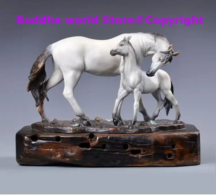 43CM grande hogar oficina empresa tienda superior buena bronce arte navideño buena suerte mascota caballeros blancos madre e hijo estatua decorativa