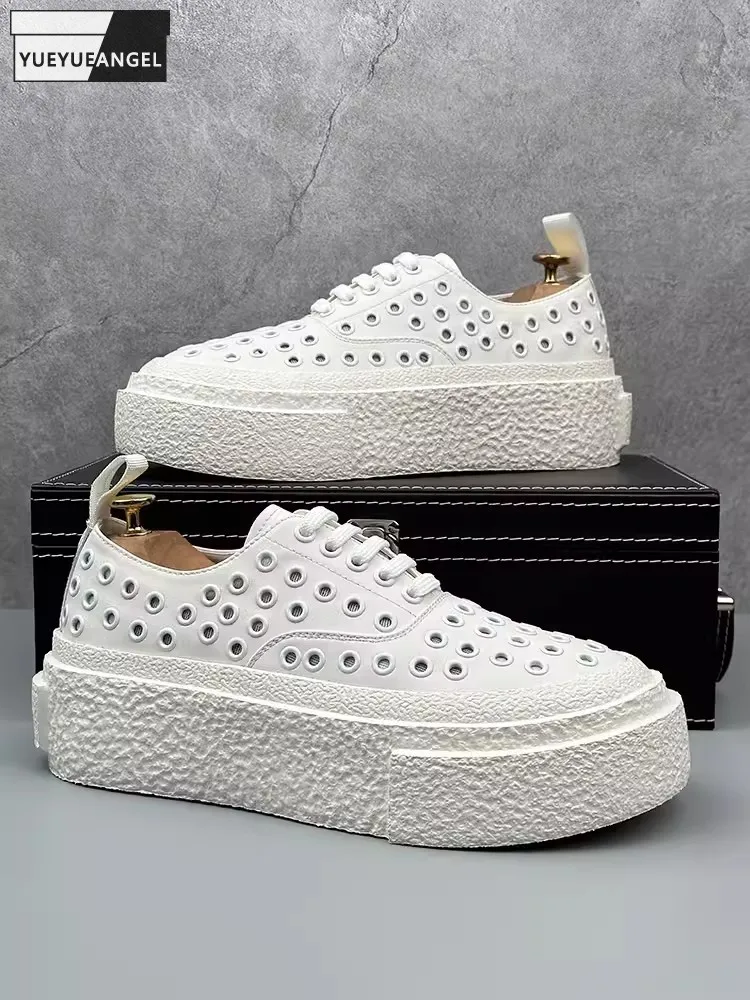 

Summer Mens Metal Hollow Out Casual Shoes Breathable Thick Platform Skateboard Shoes Round Toe Lace Up Pu Leather Outside Shoes