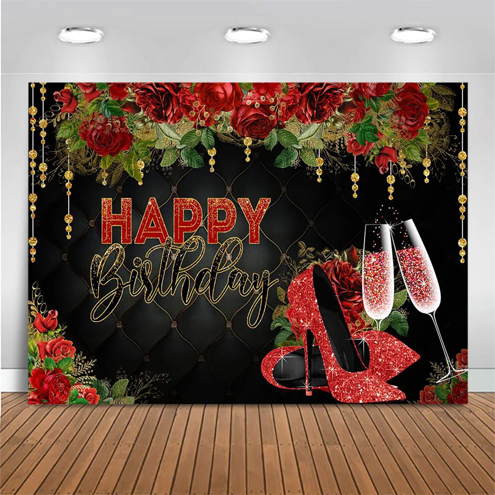 Mocsicka Chúc Mừng Sinh Nhật Phông Nền Chụp Ảnh Người Phụ Nữ Sinh Nhật Đỏ Hoa Hồng Cao Cấp Họ Trang Trí Tiệc Ảnh Nền Photocall
