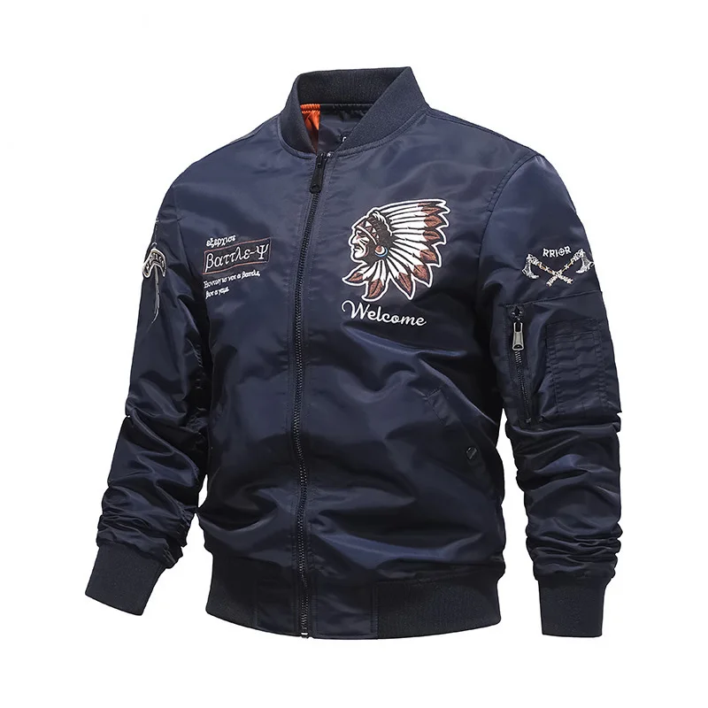 Autumn Men Bomber Jacket Fashion Loose Embroidery Pocket Zipper Male Cargo Coat Stand Collar Long Sleeve Man Baseball Uniform