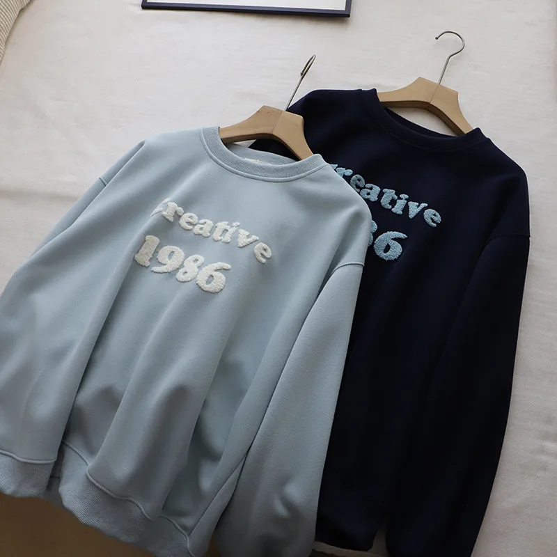 Sudadera informal versátil con Bordado de letras para mujer, Top redondo holgado Ne, recién llegado, Material de terciopelo Thi 2025