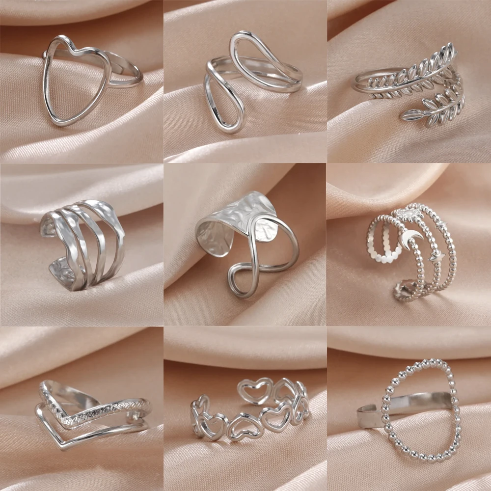 Stainless Steel Open Rings Women Geometric Heart Wheat Ears Adjustable Finger Ring Fashion Jewelry Birthday Gift Wholesale