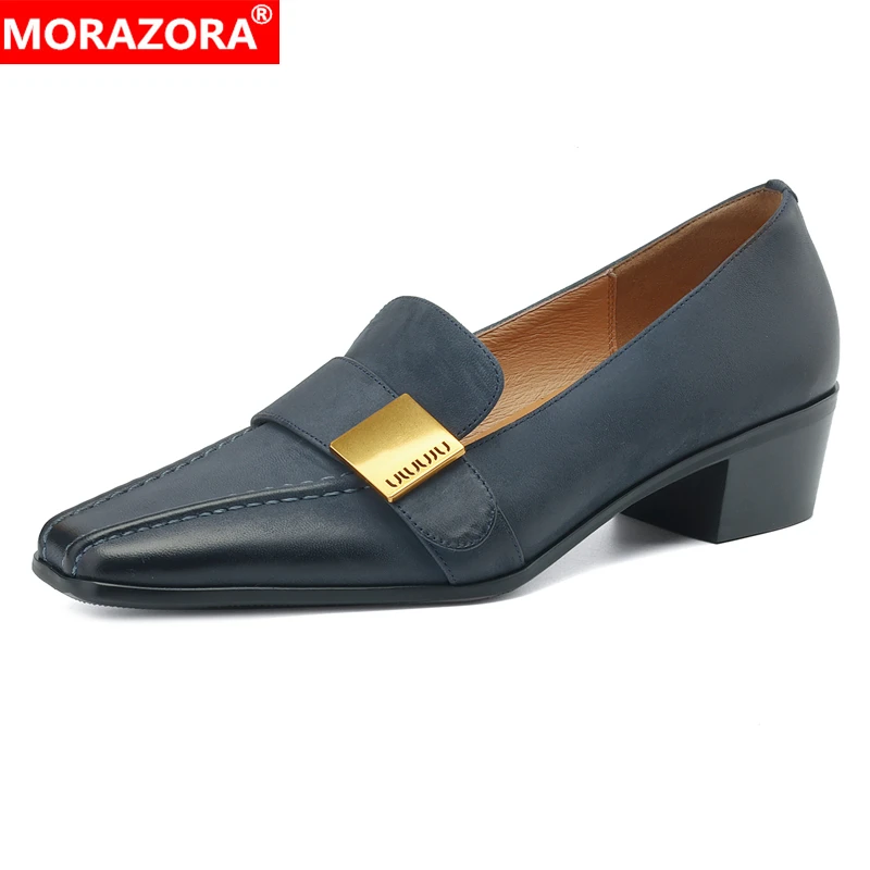 

MORAZORA 2024 Genuine Leather Shoes Women Pumps Mid Heels Square Toe Spring Summer Ladies Office Dress Shoes Ladies Footwear