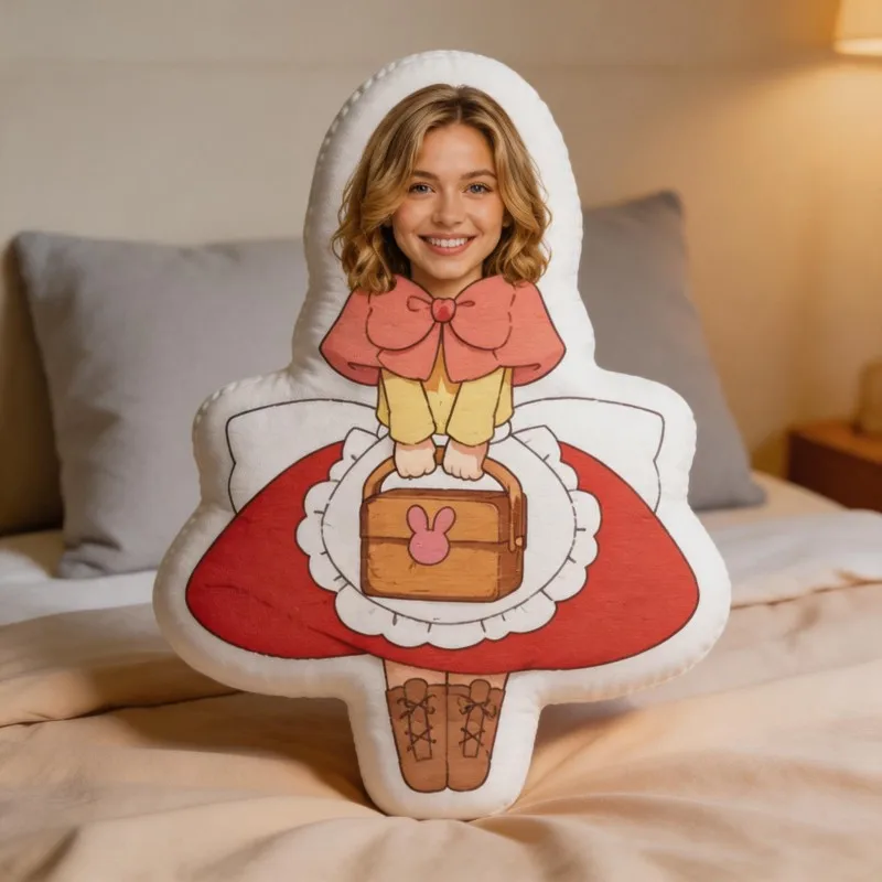 Custom Personalized Photo Face Pillow, Smiling in Red Dress Custom Shaped Decorative Cushion, Unique Home Decor Accent for Sofa