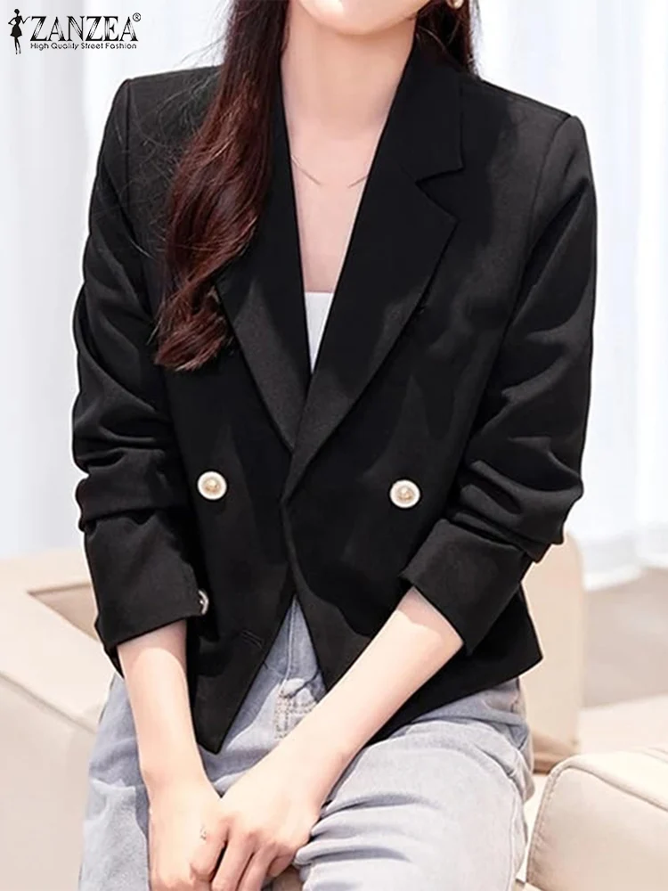 ZANZEZA 2024 Women Lapel Collar Coat Fashion Office Blazer Casual Loose Solid Double Breasted Short Suits Long Sleeve Jackets