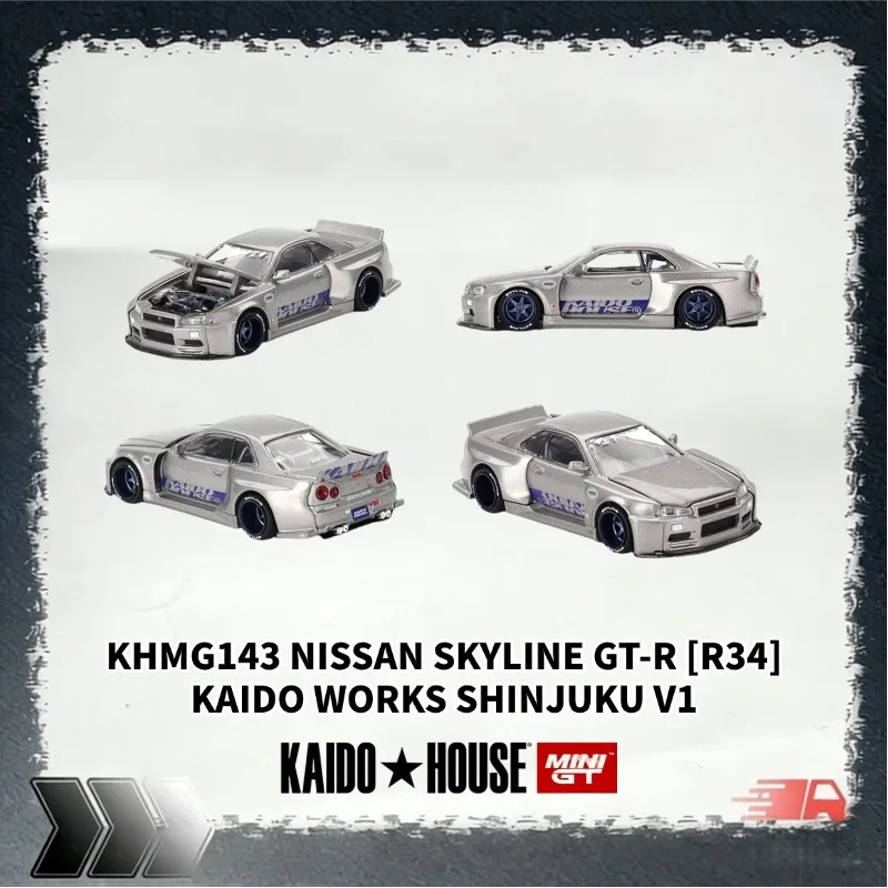Kaido House x MINI GT 1:64 Nissan GTR R34 SHINJUKU V1 Realistic Alloy Car Model, a gift toy for friends, a collection piece.