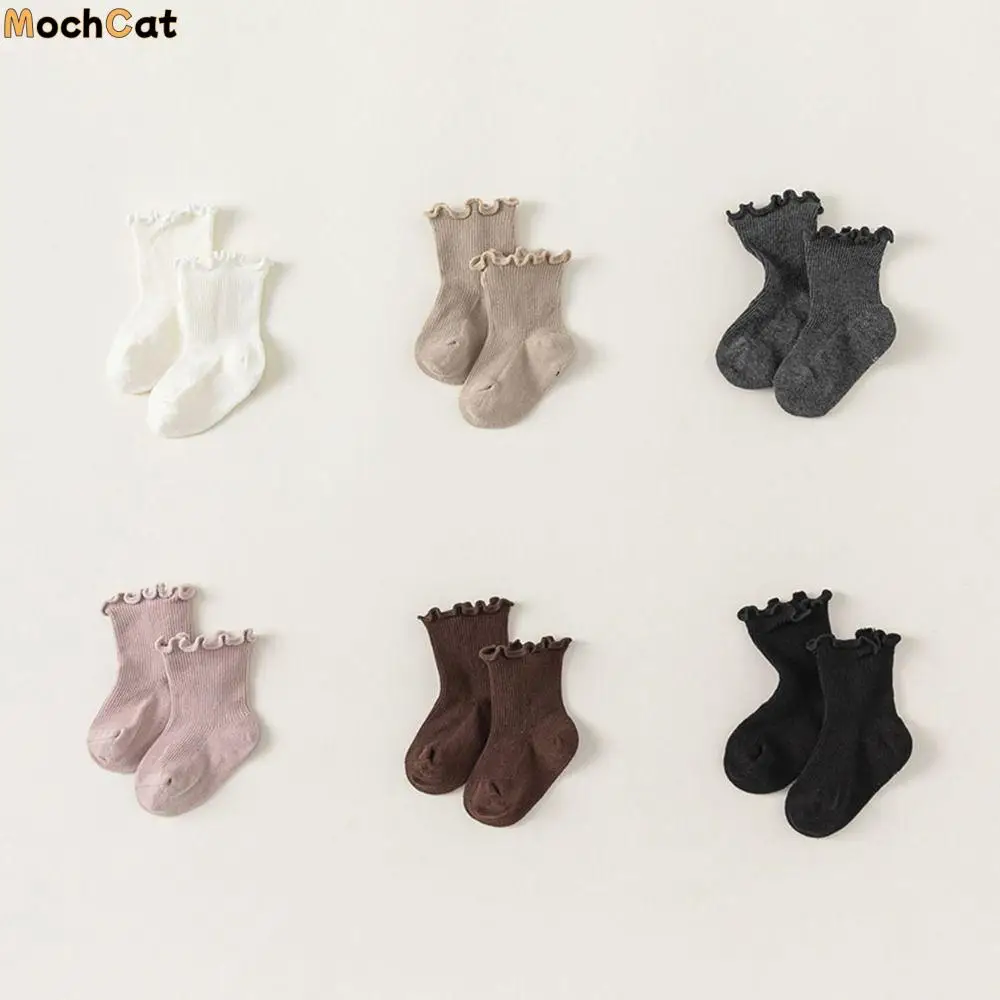 

6 пар модных детских хлопковых носков с рюшами, осенне-весенние дышащие детские короткие носки-трубочки до середины икры, милые милые носки для малышей для новорожденных