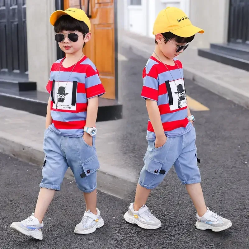 Summer Boys Clothing 2024 Kids Clothes Stripe Cotton T-shirt+Jeans Pant Boy Sets Infant Newborn Clothing 3 4 5 6 7 8 10 12 Years