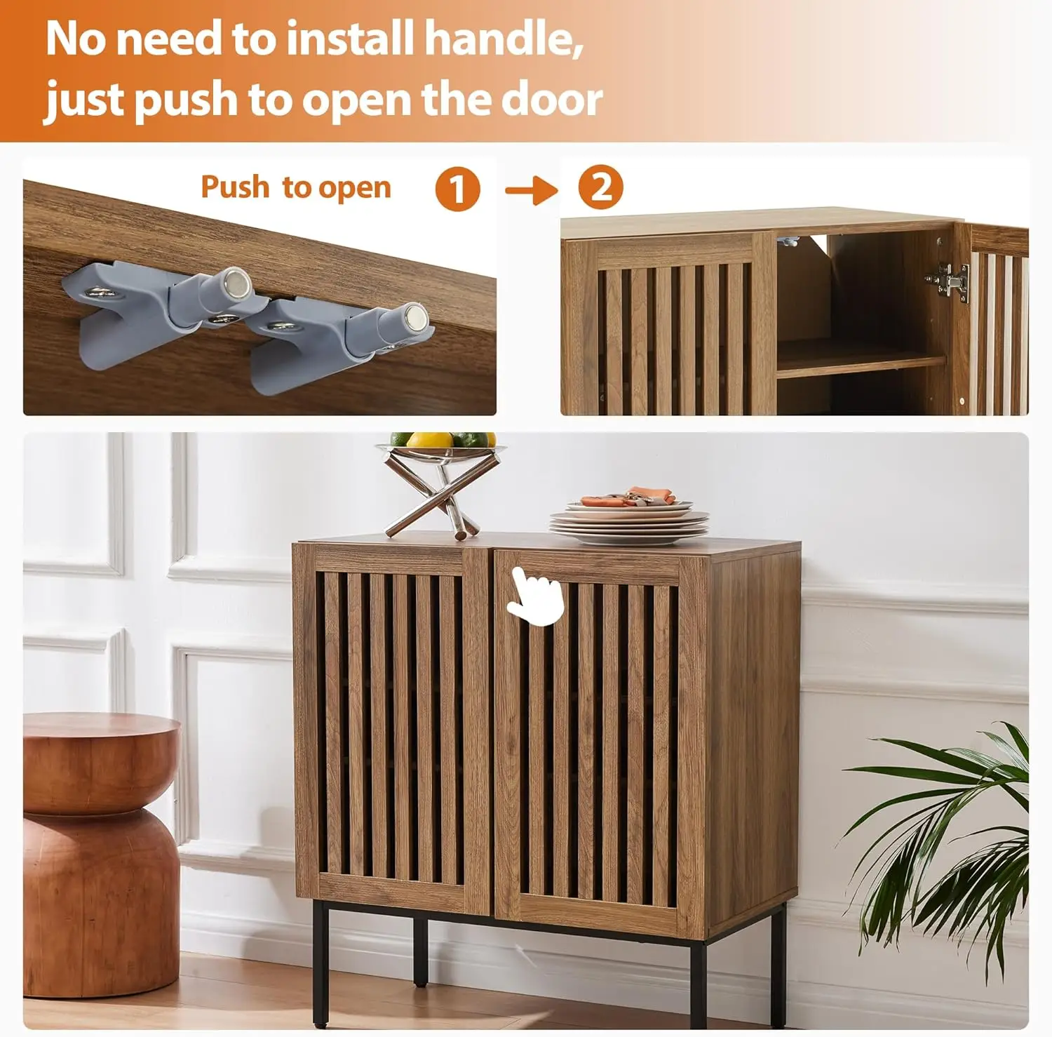 خزانة بوفيه مصبغة مع مساحة تخزين، وخزائن جانبية ببابين مع قاعدة معدنية ورف قابل للتعديل للمطبخ، وبار القهوة، وغرفة الطعام