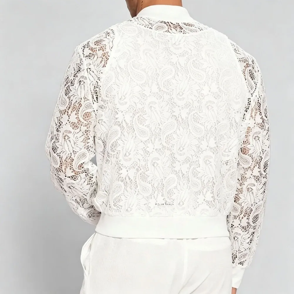 Men's Transparent Mesh Long Sleeve Jacket with Hollow Out Embroidery Lace Detail and Full Front Zipper for Casual Wear