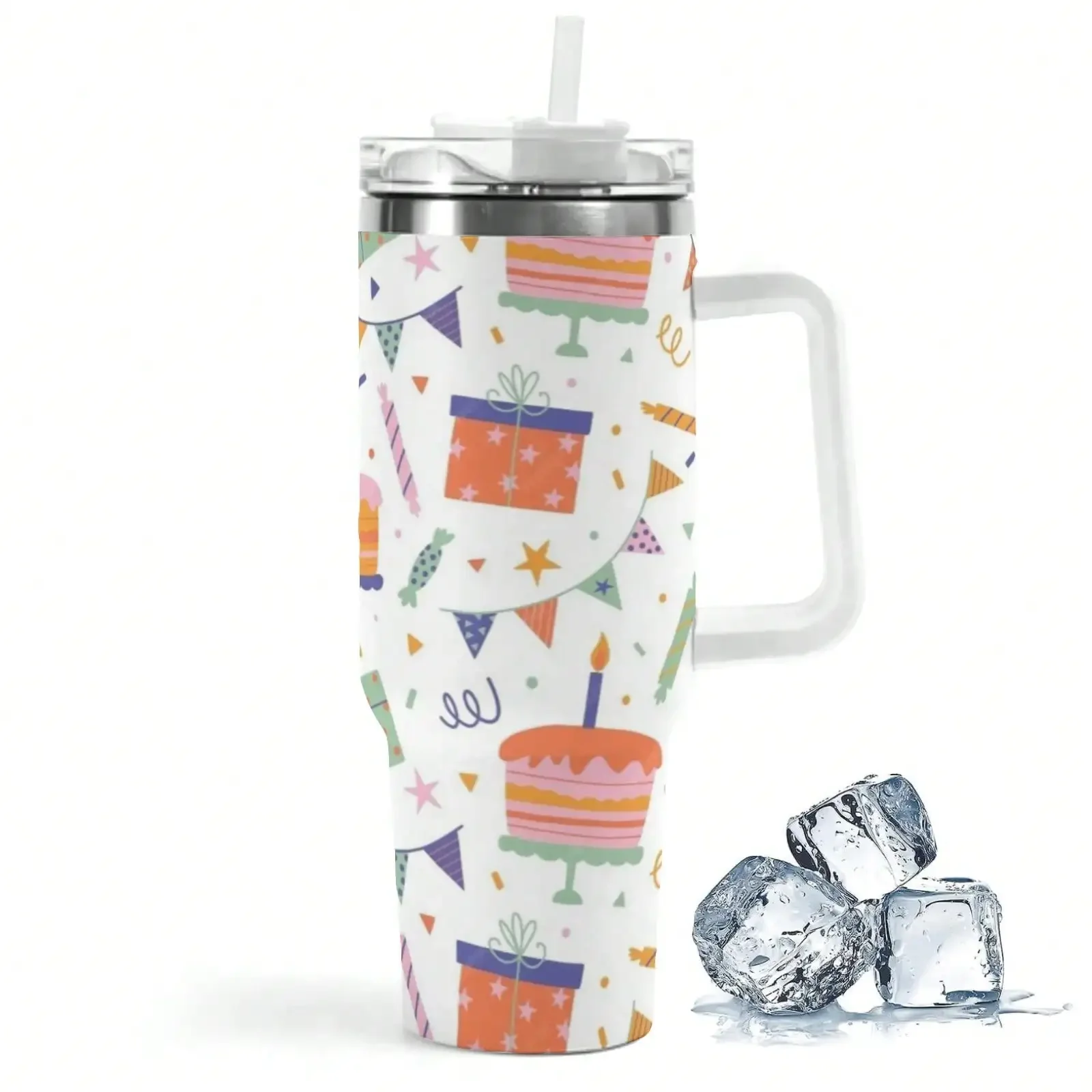 40oz Birthday Cake Gift Box Party Flag Candy Star Confetti Repeat Print Stainless Steel Tumbler With Handle Straw Lid 24 Hours Cold Insulated Travel Water Cup