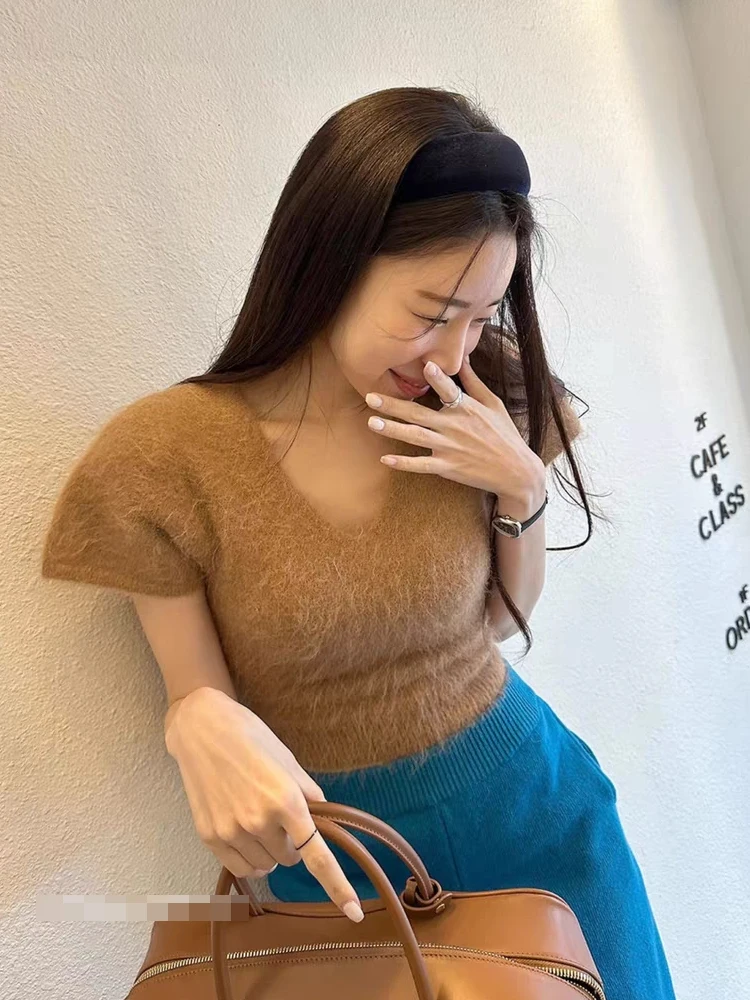 Suéter curto de manga curta estilo coreano para mulheres, início da primavera, decote em V, estilo casual, revela umbigo, est...
