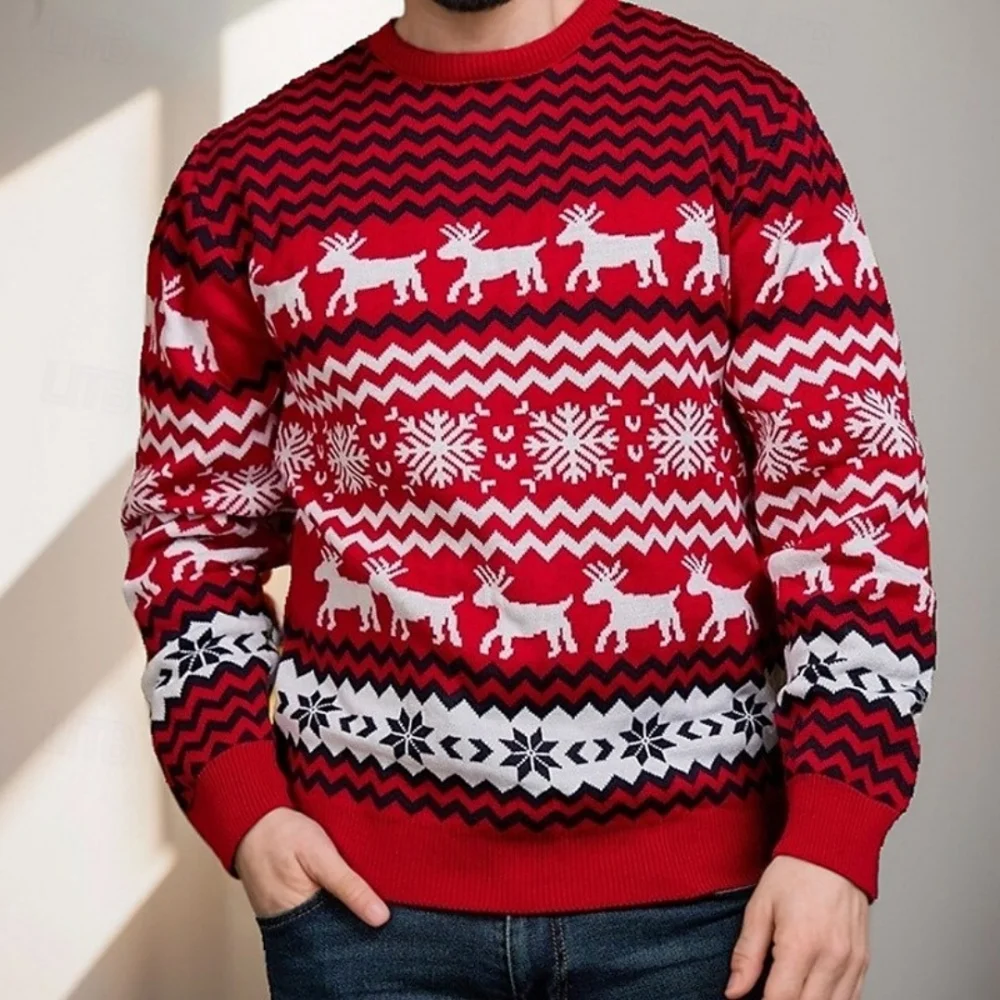 Christmas Theme Sweater Xmas Reindeer Printed Pullover Santa Holiday Sweatshirt Top Casual Autumn Snowflake Winter Menclothing