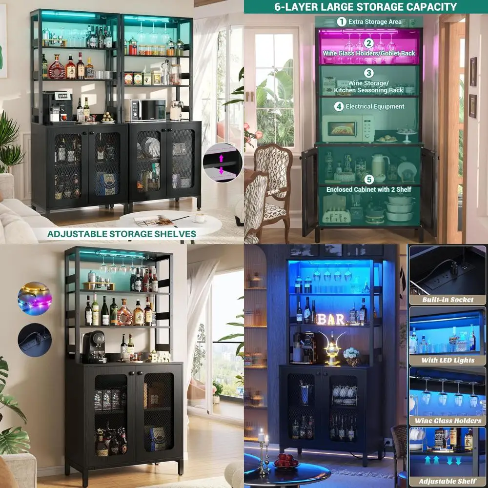 

Высокий черный винный шкаф-бар (67 дюймов) со светодиодной подсветкой, держателями для бокалов и розетками для использования в гостиной или на кухне