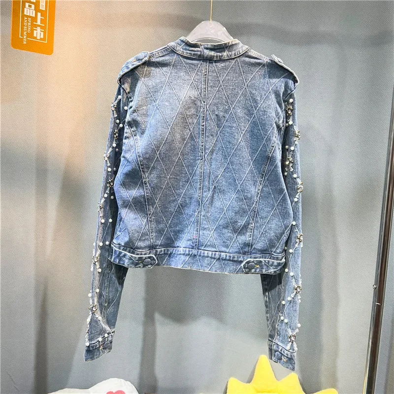 Blue Slim Short Denim Jacket Women Heavy Work Pearl Beaded Diamond Stand-up Collar Single-breasted Long Sleeve Jeans Jacket - Image 3
