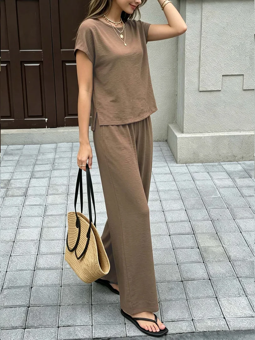 Taupe Brown Textured 2 Piece Co-ord, Round Neck Cap Sleeve Side Split T-shirt & Wide Leg Pants Women Summer Daily Lounge Suit
