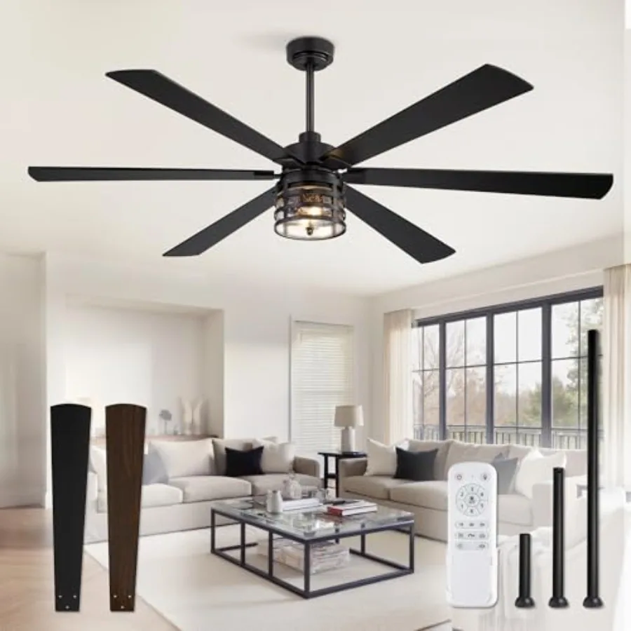 Farmhouse ceiling fan with light and remote for living room, bedroom, patio; black metal; 72-inch; 6-speed reversible DC motor,