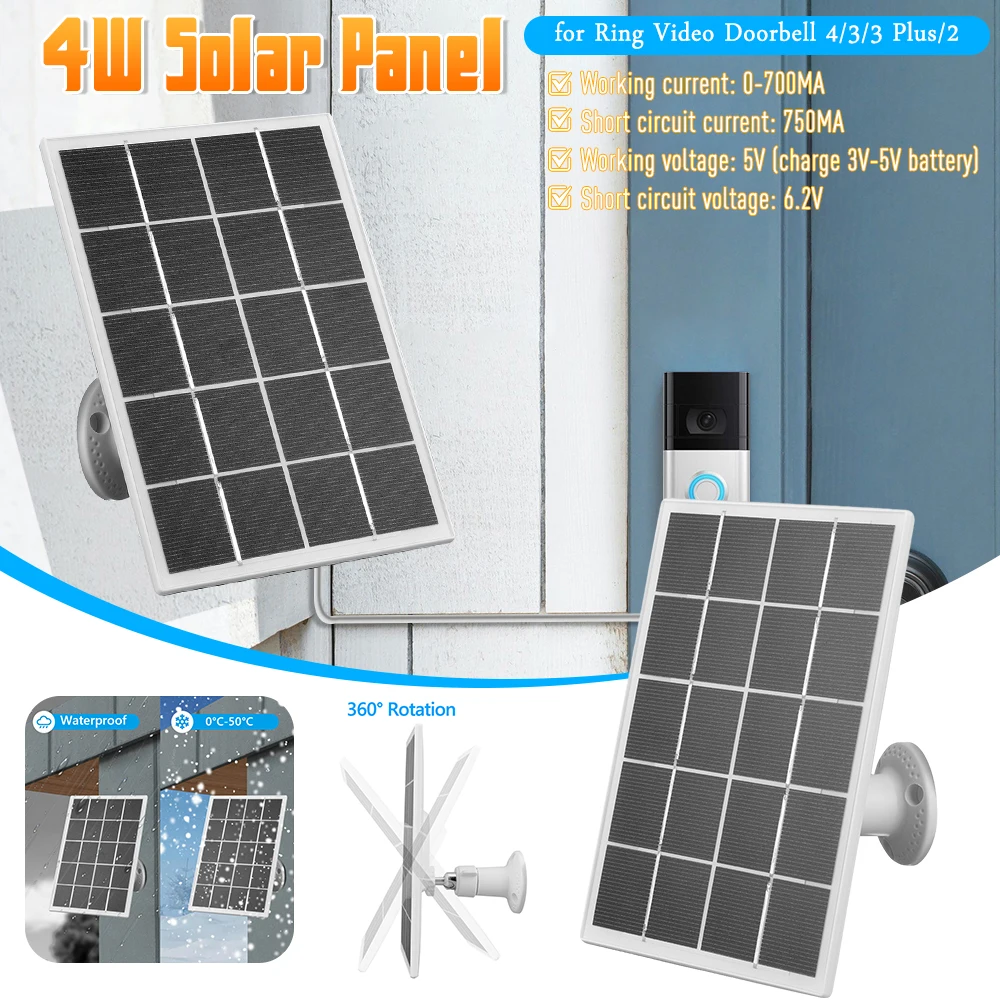 

20W Solar Charger IP65 Waterproof Solar Panel Charger 9.8Ft Charging Cable Solar Panel Kit for Ring Video Doorbell 4/3/3 Plus/2