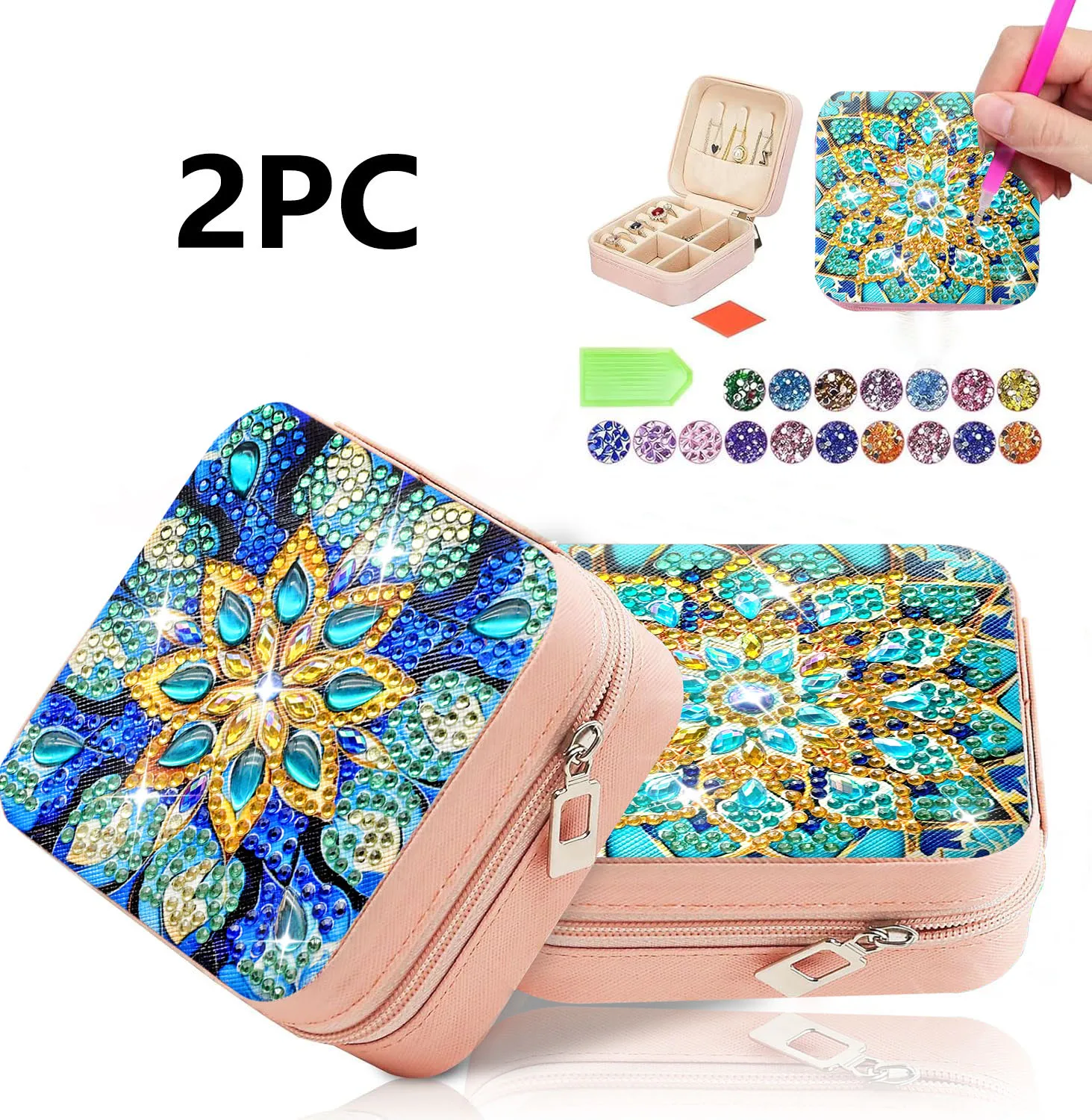 

2-piece mandala diamond painting set, DIY women's travel jewelry box, mini jewelry suitcase, ring necklace, canvas storage box