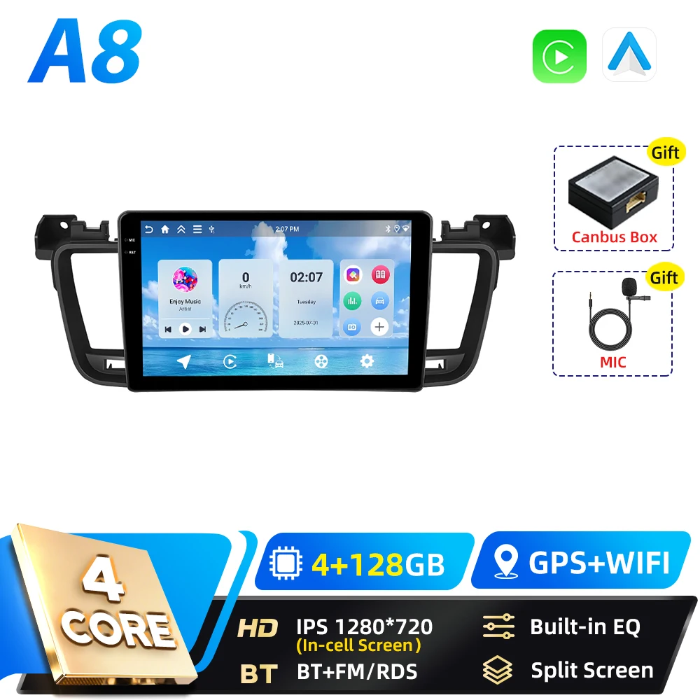 Podofo Qualcomm 8-core 2-DIN Android autoradio voor Peugeot 508 2012-2016 met BT, Carplay, FM, Android Auto, WIFI, GPS, RDS en DSP - afbeelding 1
