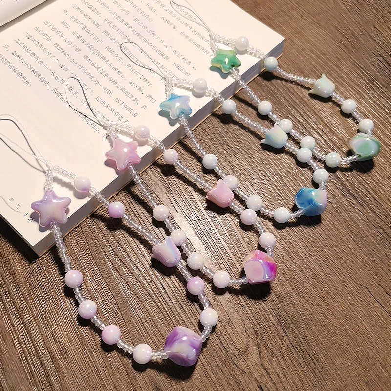 Gradient Star Different Bead Bracelet Mobile Phone Lanyard Women's Small Fresh Ins Wrist Pendant Handmade Beaded Lanyard for Key