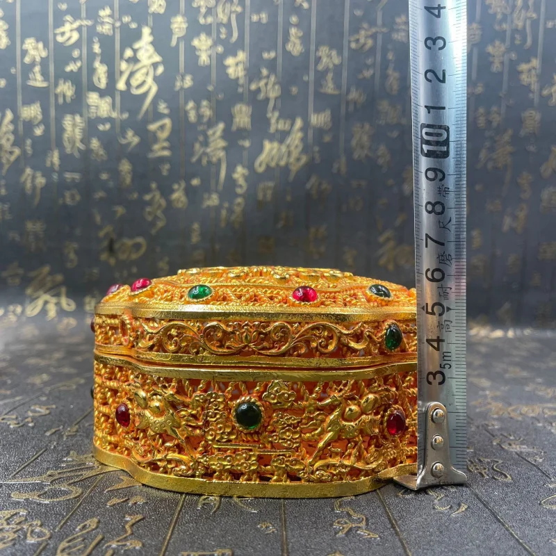 Handicrafts Ancient Hollow Fine Twisted Wire Gemstone Heart-Shaped Ink Box Collectible Exquisite Carved and Painted Handicraft O